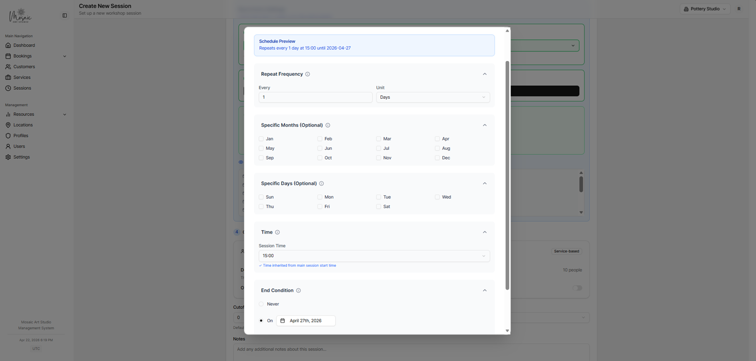 Session creation form - recurrence tab for scheduling